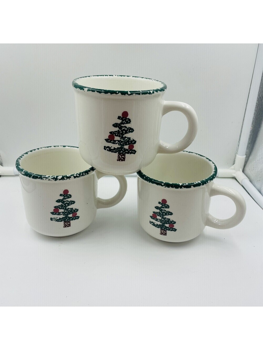 FURIO Christmas Tree Spongeware 1980s Holiday Coffee Mug Made In ITALY 3pc Set